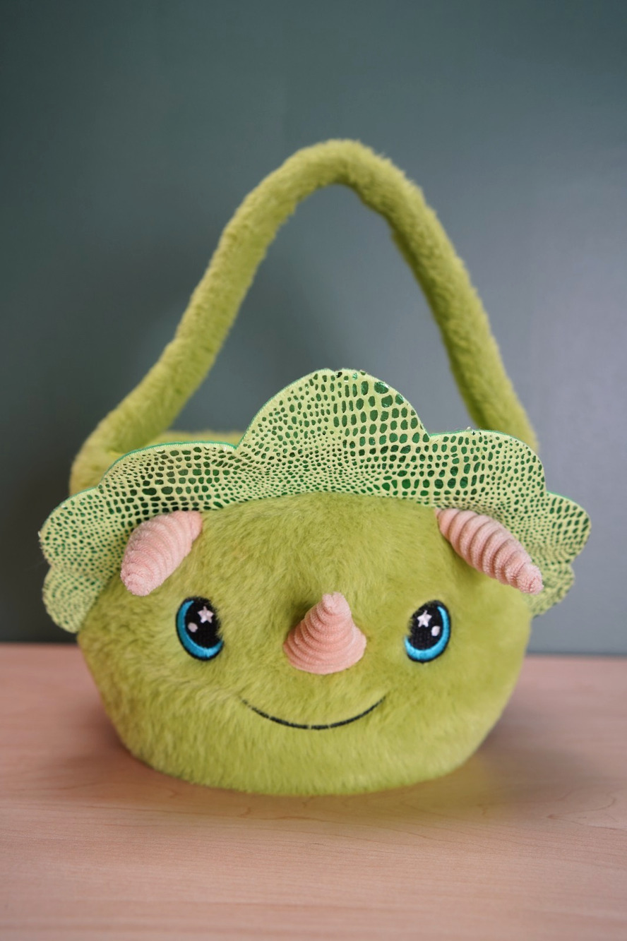 Green Triceratops Dinosaur Plush Easter Gift Basket 8” Wide, Soft